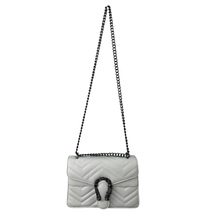 White Quilted Chevron Horseshoe Buckle Crossbody Chain Flap Purse Handbag OS