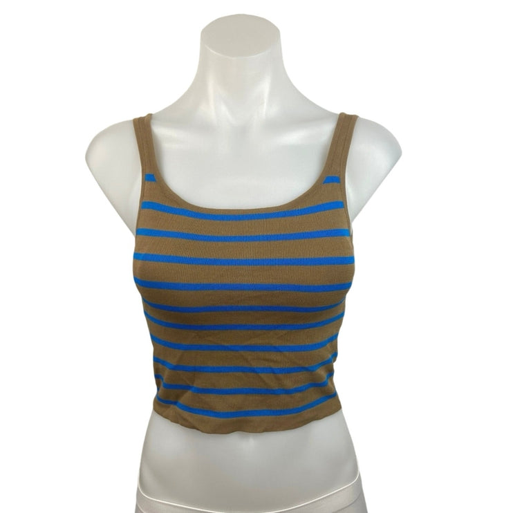 Zara Olive Green Blue Striped Scoop Neck Pullover Cropped Tank Top Size S