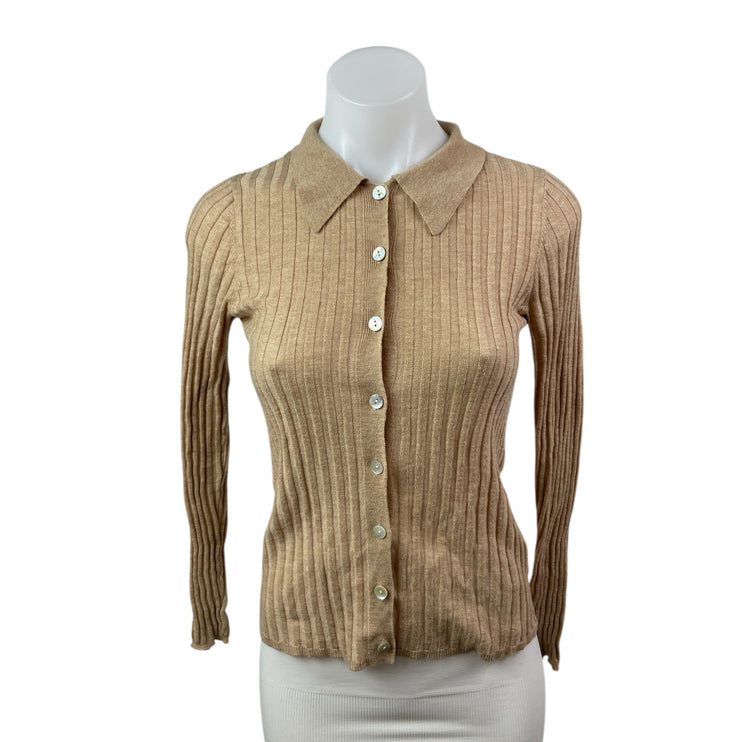 Zara Tan Rib Knit Wool Long Sleeve Collared Button Down Cardigan Sweater Top S