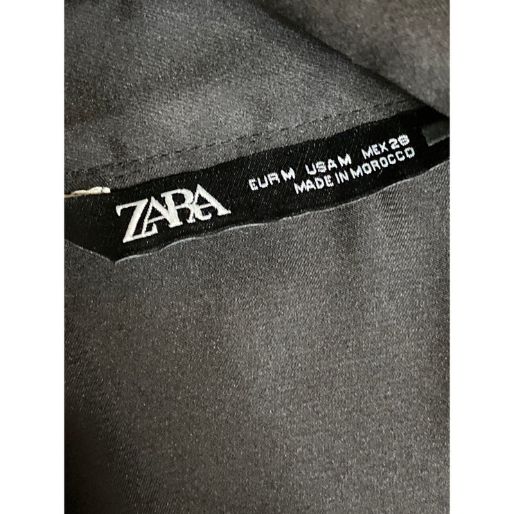 Zara Women's Black Silky Satin Collared Long Sleeve Button Down Shirt Top Size M