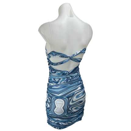 Et Clet Blue Swirl Marble Print Sleeveless Strapless Mini Tube Bodycon Dress S