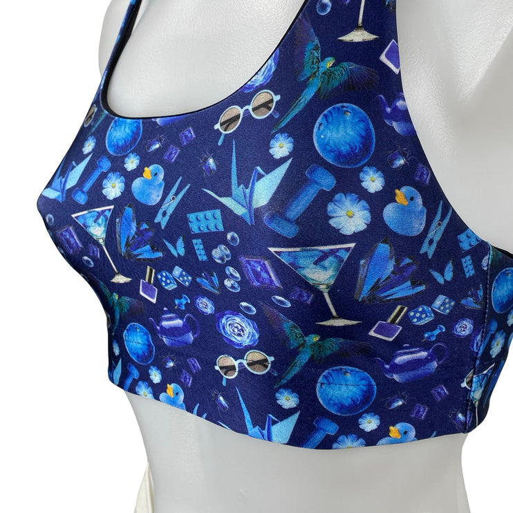 Terez Women's Blue Graphic Print Racer Back Yoga Athletic Sports Bra Crop Top XS