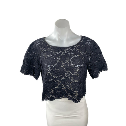 Club Monaco Black Floral Lace Sheer Crew Neck Short Sleeve Crop Blouse Top Sz M