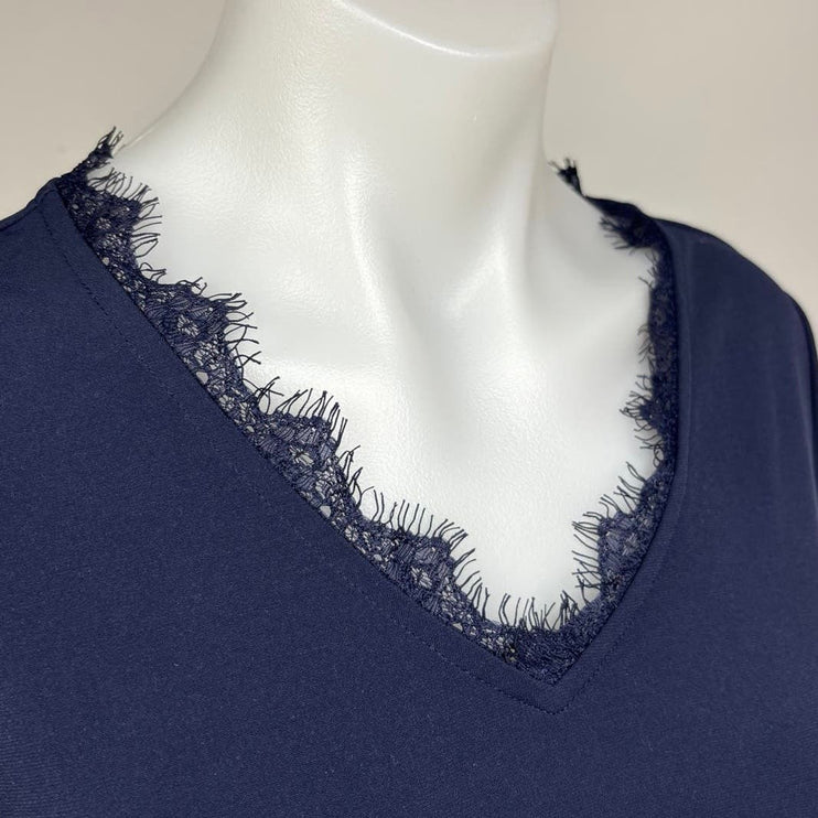 Banana Republic Navy Blue V Neck Short Sleeve Lace Trim T-Shirt Top Size XS