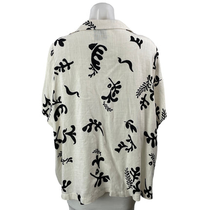 NEW Paper Heart White Black Short Sleeves Linen Blend Button Down Shirt Top Sz L