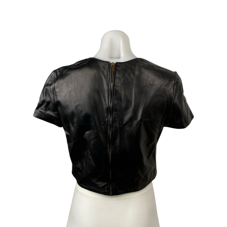 Burberry Women's Black Faux Leather Crew Neck Short Sleeve Crop T-shirt Top Sz 4