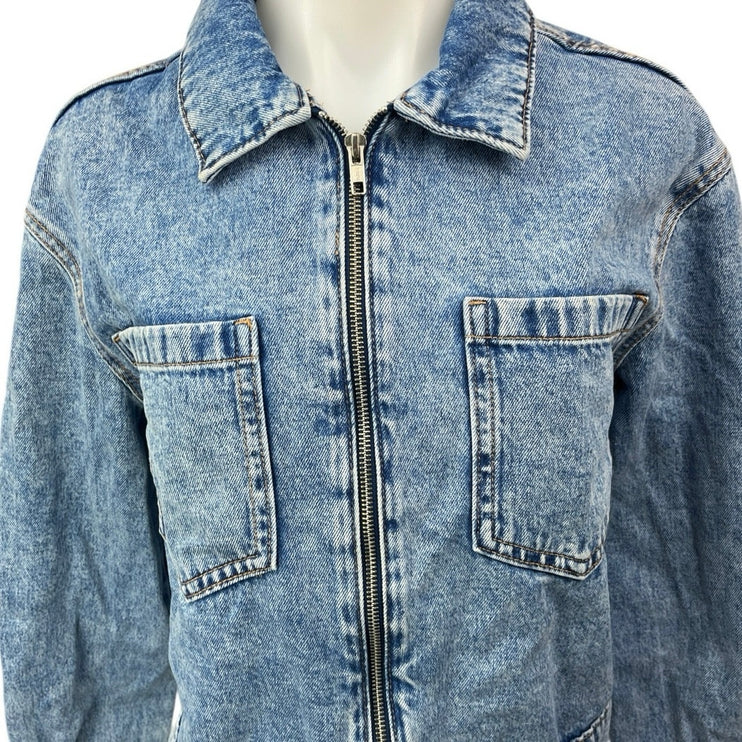 MNG Women's Blue Zip Up Collar Long Sleeve Medium Wash Jean Denim Coat Jacket S