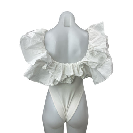 Zara Womens White Ruffle Ribbed Knit Scoop Neck Blouse Thong Bodysuit Top Size S