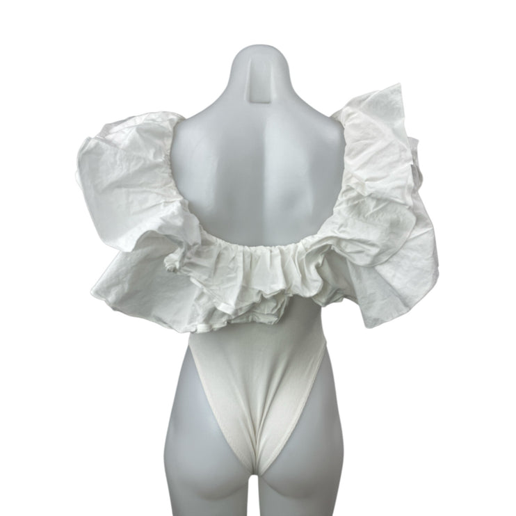 Zara Womens White Ruffle Ribbed Knit Scoop Neck Blouse Thong Bodysuit Top Size S