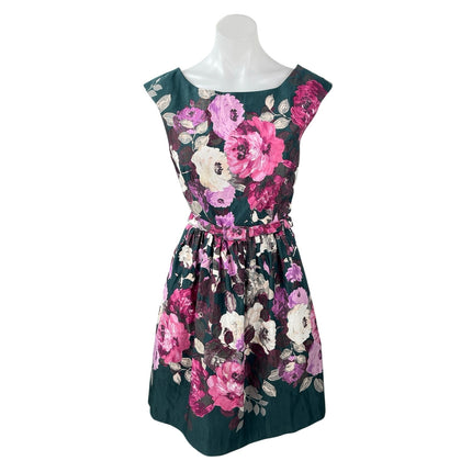 Eliza J Multicolor Floral Boat Neck Cap Sleeve Belted Mini Flare A-Line Dress 10