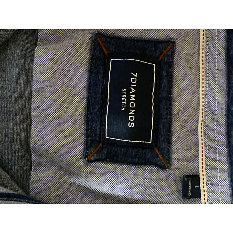 7 Diamonds Men's Blue Floral Embroidery Denim Stretch Button Down Shirt Top Sz L