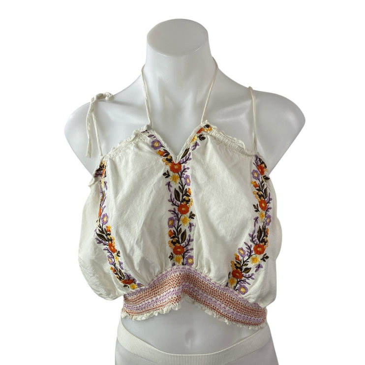 Altar'd State White Floral Embroidered Sleeveless Halter Crop Cami Tank Top Sz L