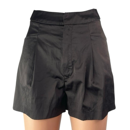 Zara Women's Black Satin Pleated High Waisted Wide Leg Mini Shorts Size XS