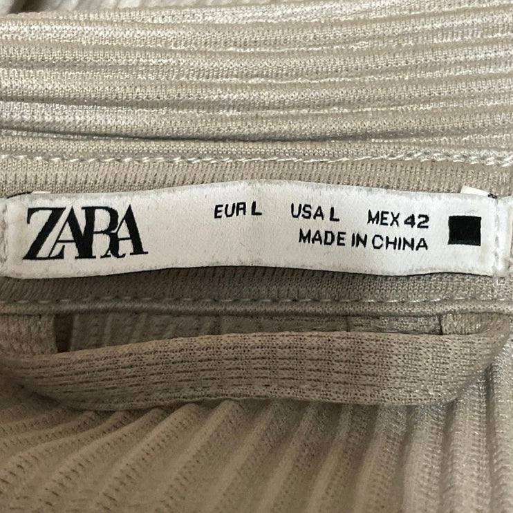 Zara Women's Beige Ribbed Plisse Half Sleeve Button Down Shirt Tunic Top Size L