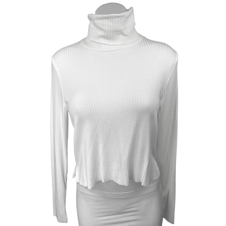 Michael Lauren White Ribbed Knit Long Sleeve Turtleneck Crop Sweater Top Size L