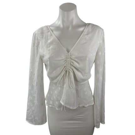 Ark n Co White Star Long Bell Sleeve V Neck Ruched Peplum Blouse Top Size S
