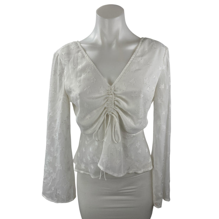Ark n Co White Star Long Bell Sleeve V Neck Ruched Peplum Blouse Top Size S
