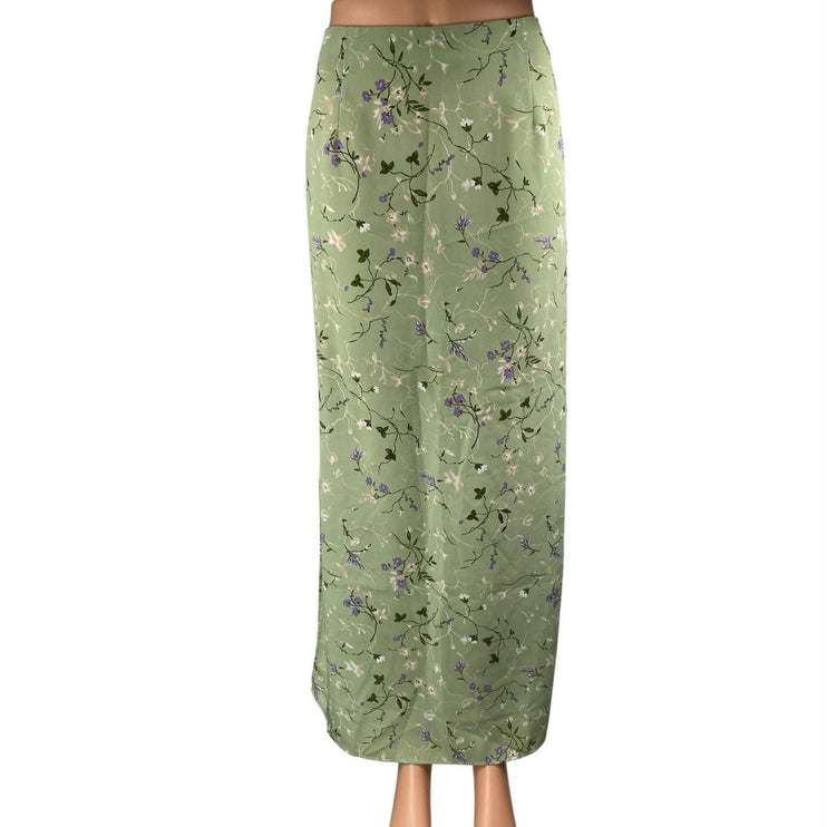 Vintage La Belle Green Floral High Waisted Side Slit Straight Maxi Slip Skirt 11