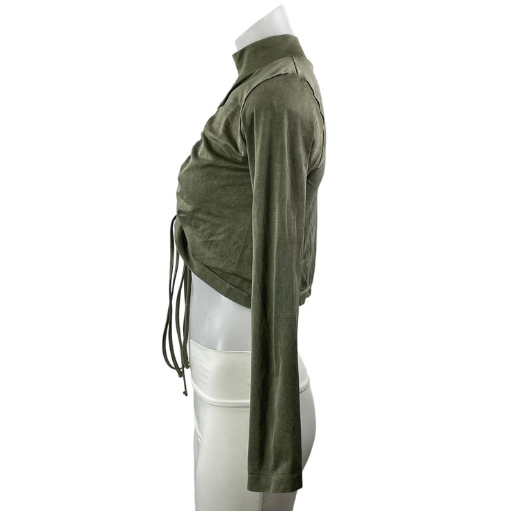 Zara Women's Olive Green Cutout Ruched Mock Neck Long Sleeve Crop Top Size M/L
