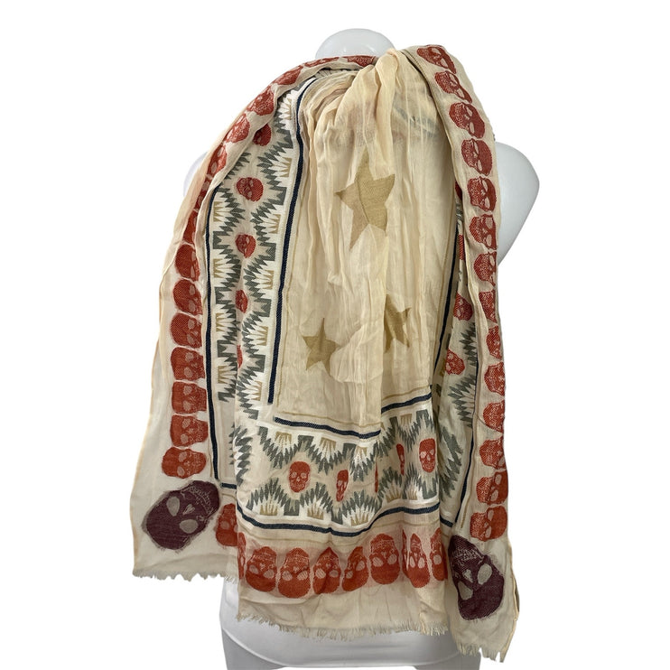 Zadig & Voltaire Women's Beige Skull Skeleton Star Wrap Shawl Neck Scarf Size OS