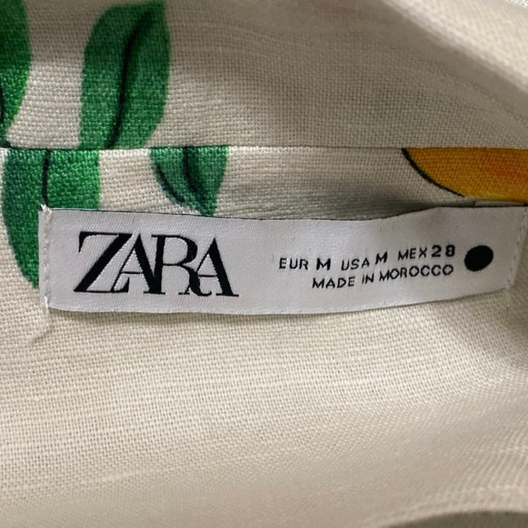 Zara White Linen Lemon Print Short Sleeve Button Up Shirt Blazer Coat Jacket M