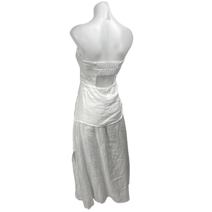 DISSH White 100% Linen Strapless Sleeveless Cutout Tube Midi Fit & Flare Dress 4