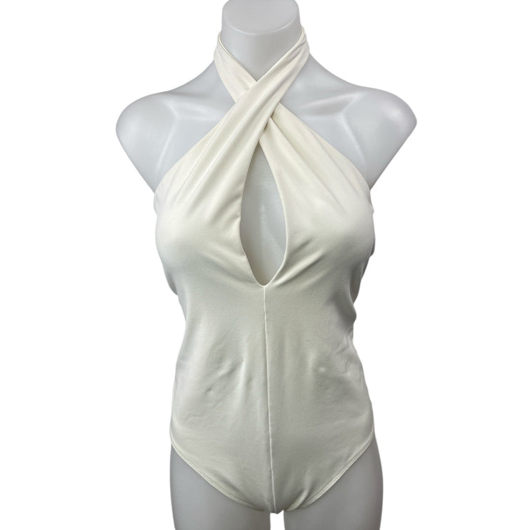 Abercrombie & Fitch White Halter Keyhole Sleeveless Open Back Bodysuit Top Sz M