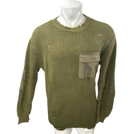 Ser.O.Ya Mens Army Green Distressed Crewneck Long Sleeve Pocket Sweater Top Sz L