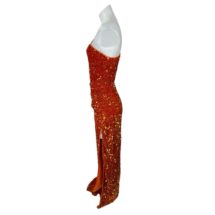 Women's Orange Sequin One Shoulder Slit Evening Gown Maxi Tank Bodycon Dress M