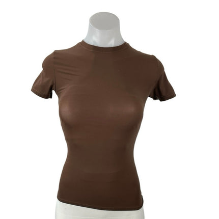 SKIMS Fits Everybody Women's Brown Short Sleeve Bodycon Baby Tee T-Shirt Top XS