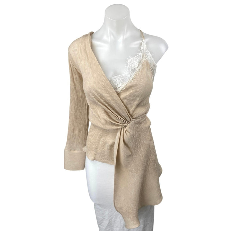 NEW Zara Beige Tan Asymmetrical Cami V Neck Lace One Shoulder Blouse Top Size S