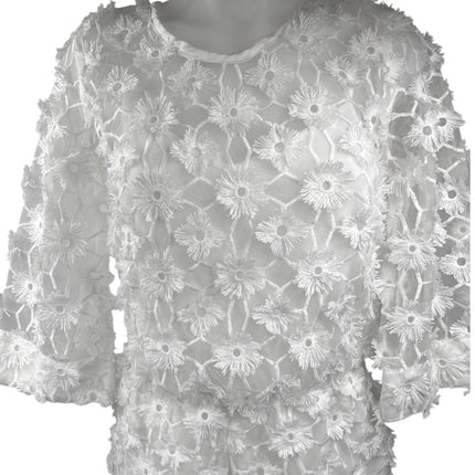 H&M White 3D Floral 3/4 Sleeve Embroidered Mesh Bridal Romper Shorts Size 2