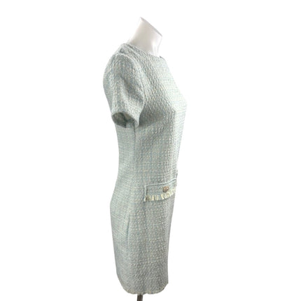 Bebop Blue Short Sleeve Tweed Crew Neck Fringe Faux Pocket A Line Mini Dress S