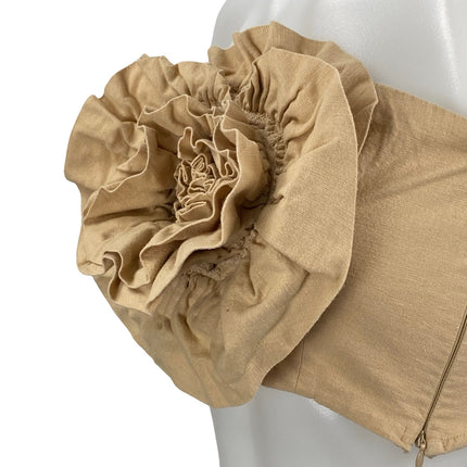Zara Tan Linen Textured 3D Flower Floral Strapless Bandeau Tube Crop Top Size XS