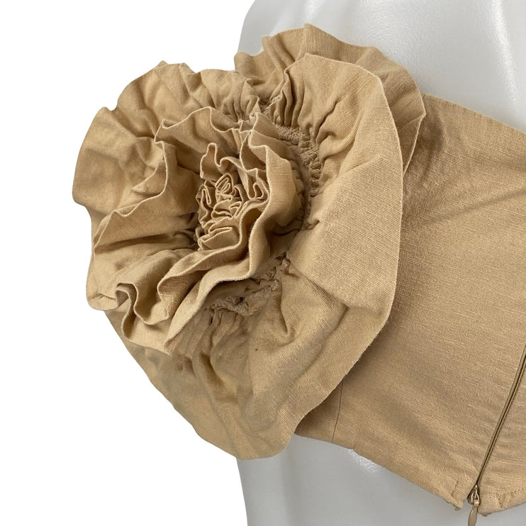 Zara Tan Linen Textured 3D Flower Floral Strapless Bandeau Tube Crop Top Size XS