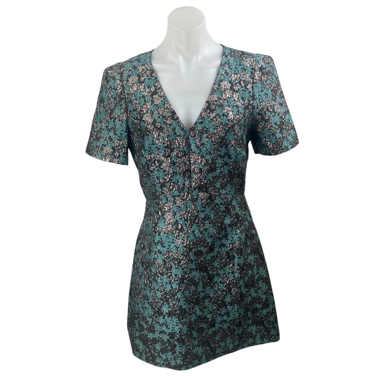 Club Monaco Black Blue Floral Short Sleeve V Neck Mini A Line Dress Size 6