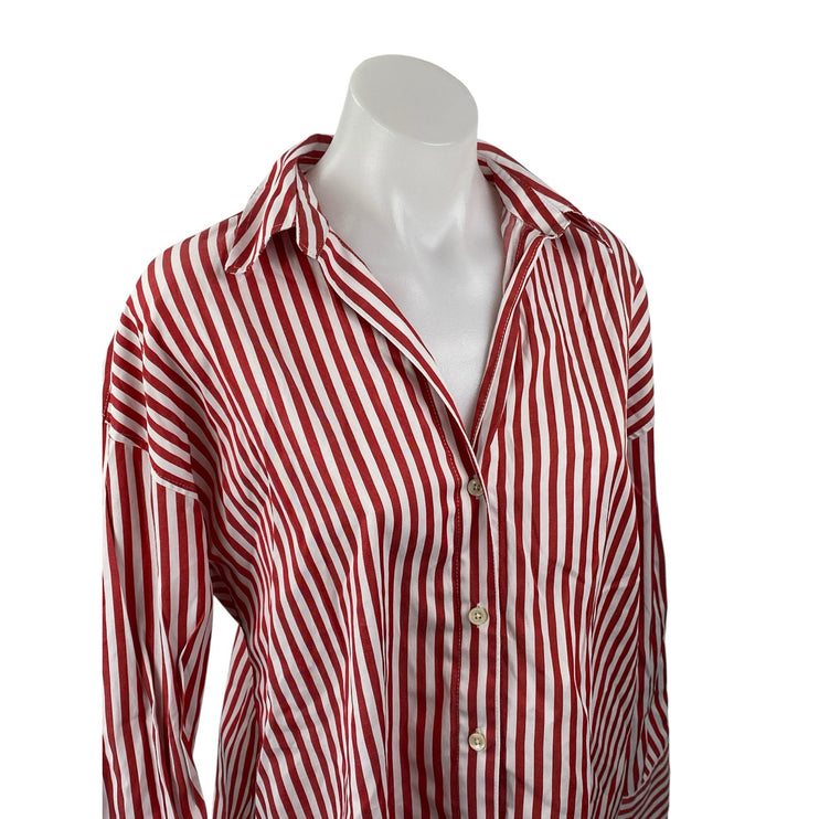 Zara Womens White Red Stripe Collar Long Sleeve Button Down Shirt Blouse Top XS