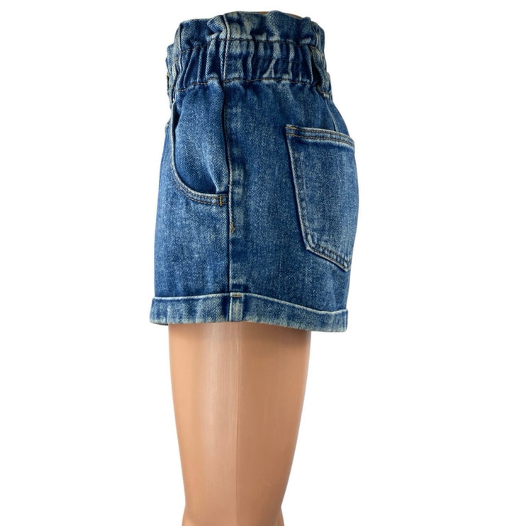 Pacsun Women's Blue High Waisted Elasitc Paperbag Mom Denim Jean Shorts Size 26