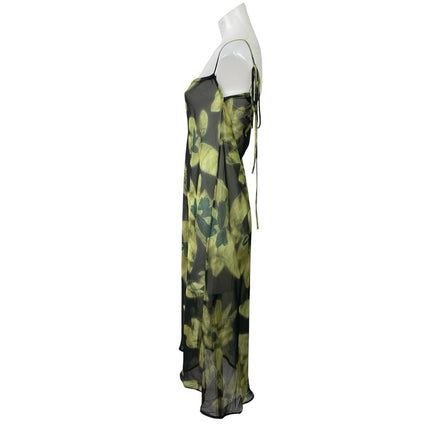 Commense Green Floral Mesh Long Sleeve Tie Cardigan Tank Midi Dress Set Size M