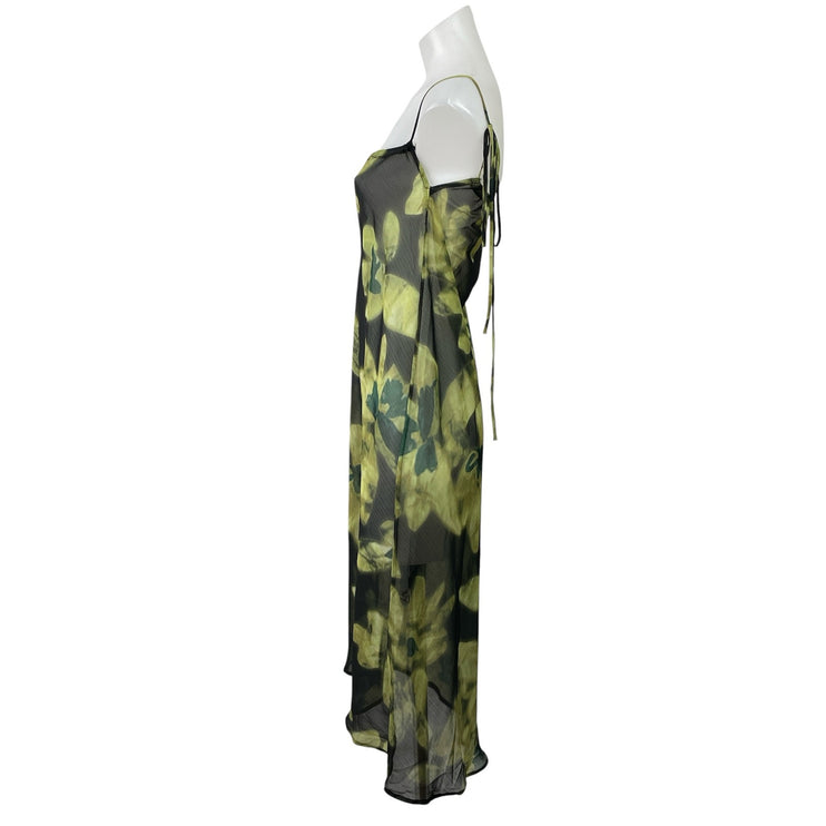 Commense Green Floral Mesh Long Sleeve Tie Cardigan Tank Midi Dress Set Size M