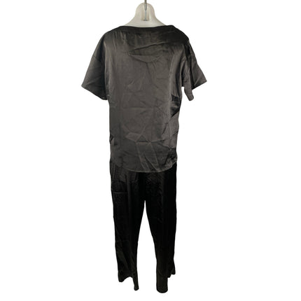Ekouaer Women's Black Silky Satin Short Sleeve Wide Leg Loungewear Pajama Set M