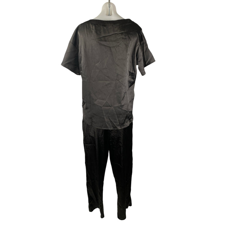 Ekouaer Women's Black Silky Satin Short Sleeve Wide Leg Loungewear Pajama Set M