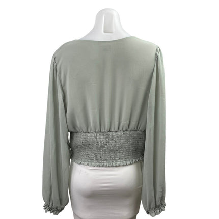 Aritzia Wilfred Genoa Gray Chiffon V Neck long Sleeve Smocked Crop Blouse Top XL