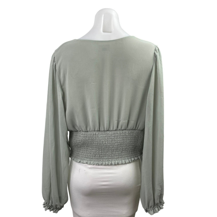 Aritzia Wilfred Genoa Gray Chiffon V Neck long Sleeve Smocked Crop Blouse Top XL