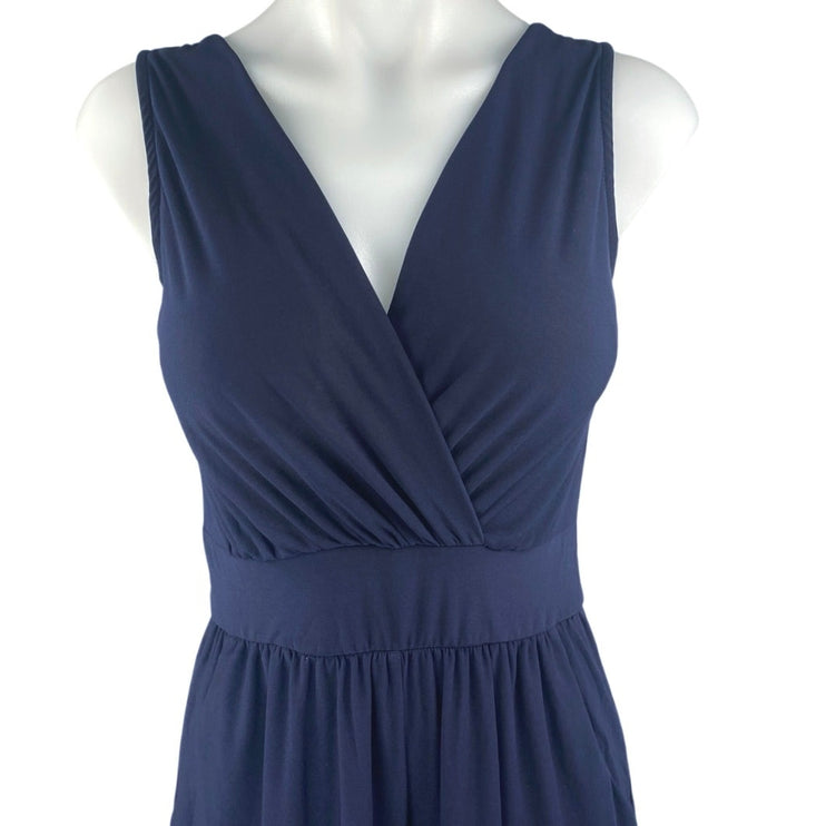 Gilli Navy Blue Sleeveless V Neck Faux Wrap Wide Leg Cropped Jumpsuit Size S