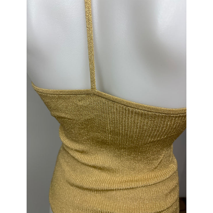 Intermix Gold Metallic Ribbed Fitted Strap Halter Camisole Tank Top Size XSP