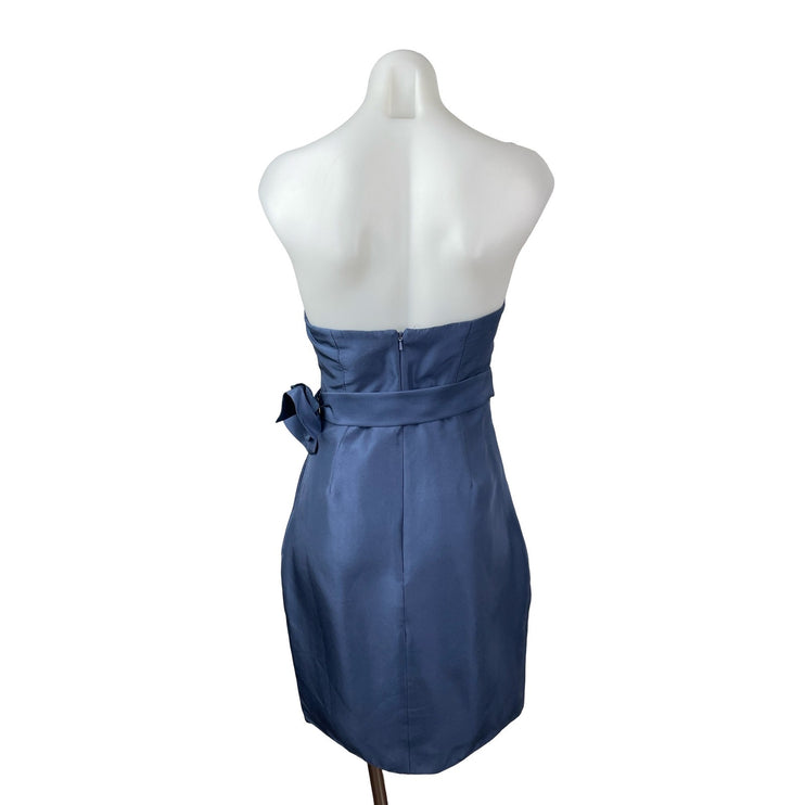 Jenny Yoo Blue Silk Satin Strapless Sweetheart Bow Tie Mini Sheath Dress Size 4