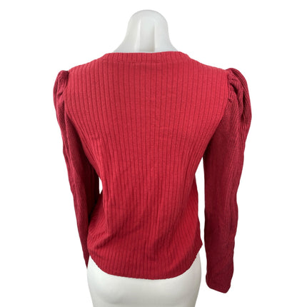 Splendid Women's Red Long Puff Sleeve Ribbed Knit Crew Neck Sweater Top Size S