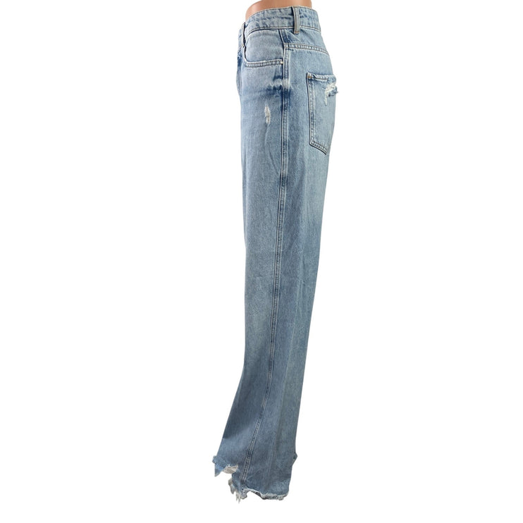 Zara Womens Blue High Rise Raw Frayed Hem Straight Leg Denim Jeans Pants Size 10