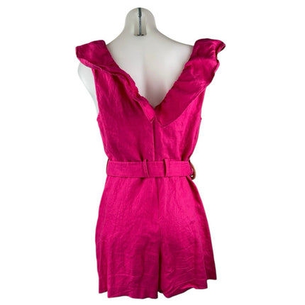 Mango MNG 100% Linen Pink Ruffle Belted V-Neck Sleeveless Jumpsuit Romper Size L